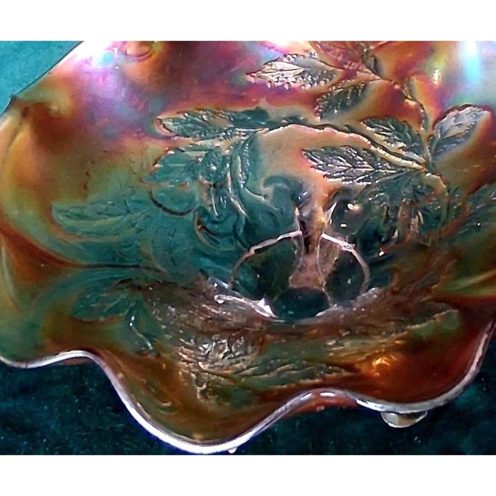 DUGAN CARNIVAL GLASS THREE TOED CHERRY PATTERN BOWL, MARIGOLD AB